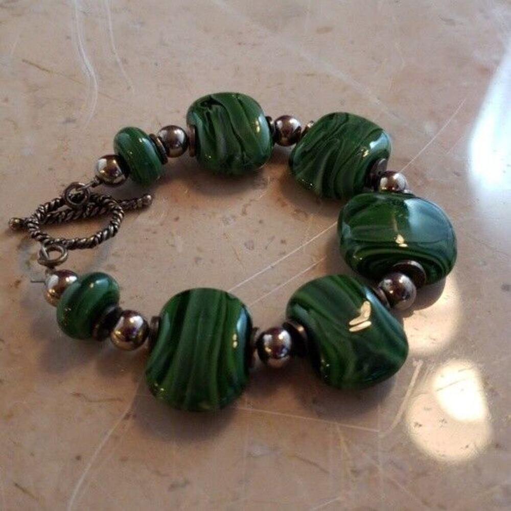 Small 6" Bracelet Handmade Green Glass Bead Bracelet